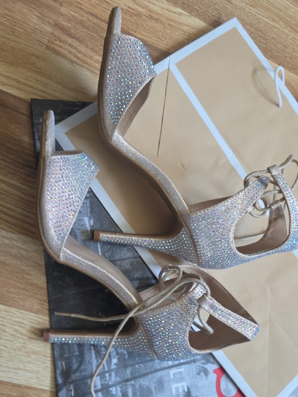 Women’s Sparkle Open-Toe High Heels with Ankle Tie - Champagne - Picture 3 of 5